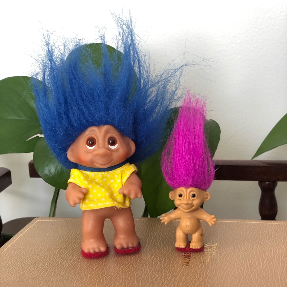 Set of 2 Troll Dolls with Blue and Pink Hair